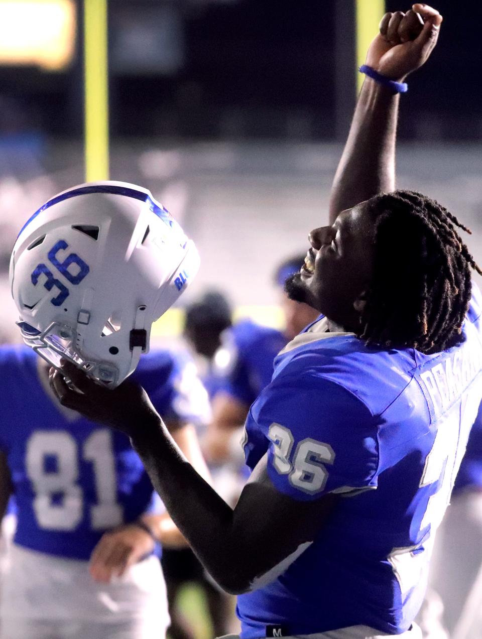 MTSU running back Frank Peasant (36) celebrates the victory over TSU after MTSU's home opener on Saturday, Sept. 17, 2022.