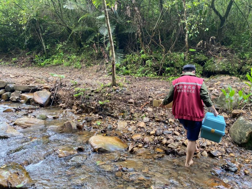 為尋覓適合野放地點，動保處人員跋山涉水。   圖：新北市動保處提供