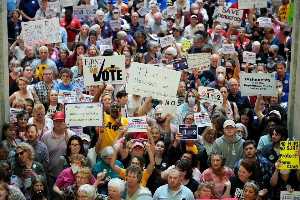 May 10, 2023; Columbus, Ohio, USA;  Protesters for and against the resolution convene inside the Ohio Statehouse prior to the deadline for the Ohio House to decide whether to create an August special election for a resolution that would increase the voter threshold to 60 percent for constitutional amendments. Mandatory Credit: Adam Cairns-The Columbus Dispatch