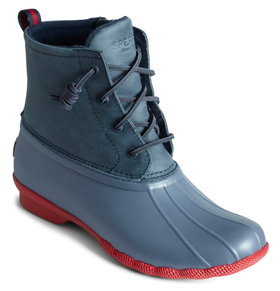 Sperry Saltwater Waterproof Rain Boot in Navy and Red Leather