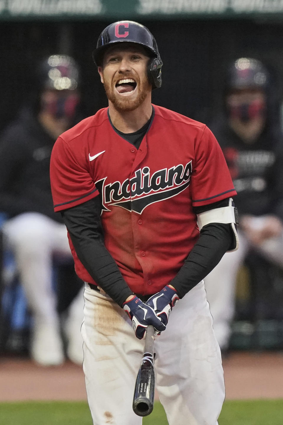 Cleveland Indians' Jordan Luplow reacts to strike two in the fourth inning in a baseball game against the Chicago White Sox, Tuesday, April 20, 2021, in Cleveland. Luplow struck out swinging. (AP Photo/Tony Dejak)