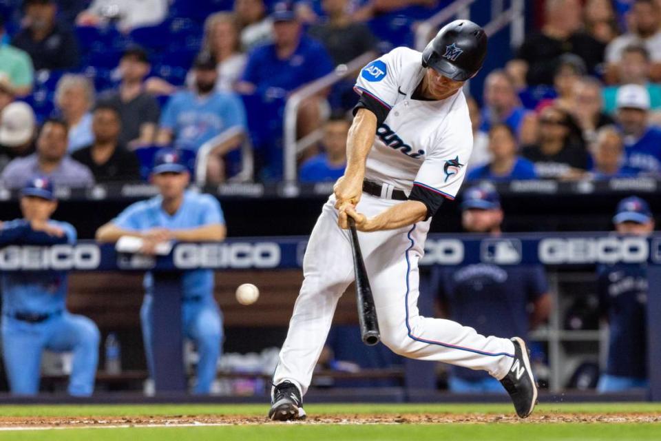 Miami Marlins batter Joey Wendle (18) swings at a pitch during the eighth inning of an MLB game against the Toronto Blue Jays at LoanDepot Park on Tuesday, June 20, 2023, in Miami, Florida. D.A. Varela/dvarela@miamiherald.com