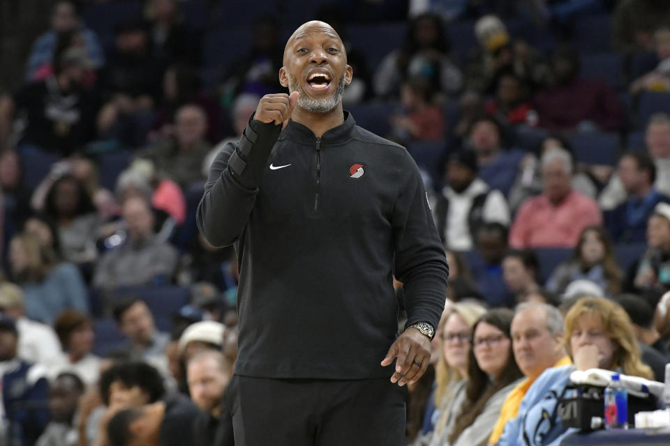 Portland Trail Blazers head coach Chauncey Billups calls to players in the first half of an NBA basketball game against the Memphis Grizzlies, Friday, March 1, 2024, in Memphis, Tenn. (AP Photo/Brandon Dill)