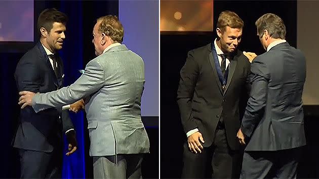 Ian Stewart (Cotchin) and Shane Crawford (Mitchell) presented the medals. Pic: AFL