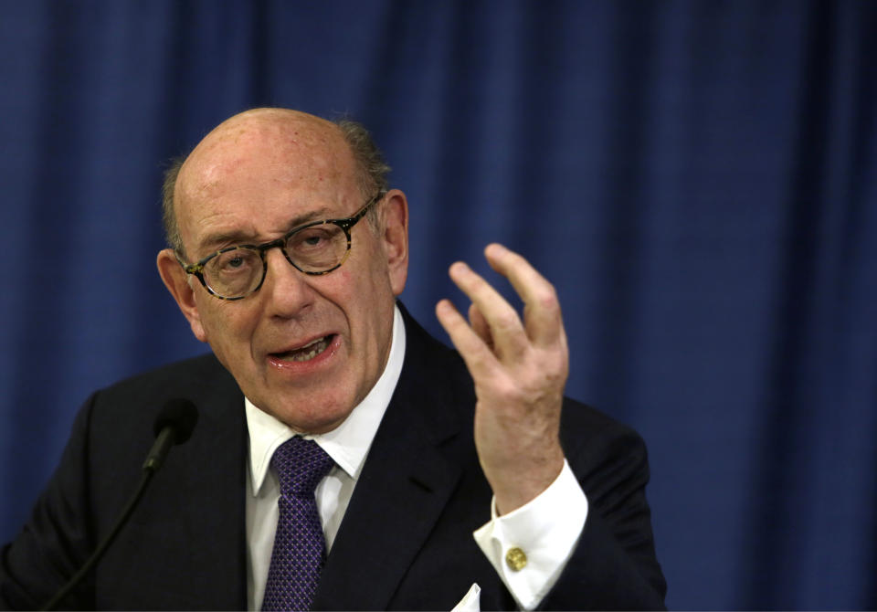 Ken Feinberg addresses a reporter's question during a news conference Tuesday Nov. 13, 2018, in Philadelphia. Feinberg and Camille Biros, not pictured, are administrators of claims submitted to the Independent Reconciliation and Reparations Program, a new clergy child sexual abuse victim compensation fund set up by the Roman Catholic Archdiocese of Philadelphia. (AP Photo/Jacqueline Larma)