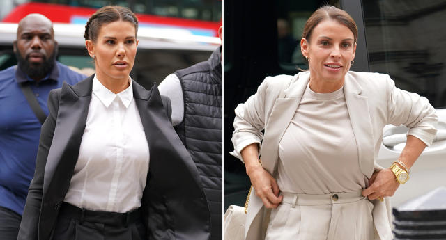 Rebekah Vardy and Coleen Rooney arrive at the Royal Courts of Justice for day four of the Wagatha Christie trial. (PA)