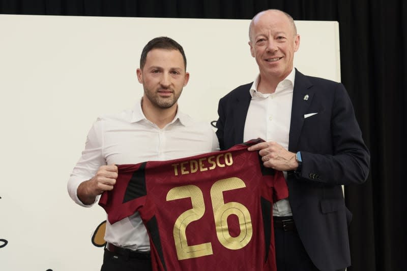 Belgium's head coach Domenico Tedesco (L) and Royal Belgian Football Association (RBFA) CEO Piet Vandendriessche pose for a picture during a press conference of Belgian national soccer team Red Devils to announce the selection for the upcoming games at the Musee Herge in Louvain-la-Neuve. The Devils are playing friendly matches against Ireland and England later this month, in preparation to the 2024 European Soccer Championships in Germany. Bruno Fahy/Belga/dpa