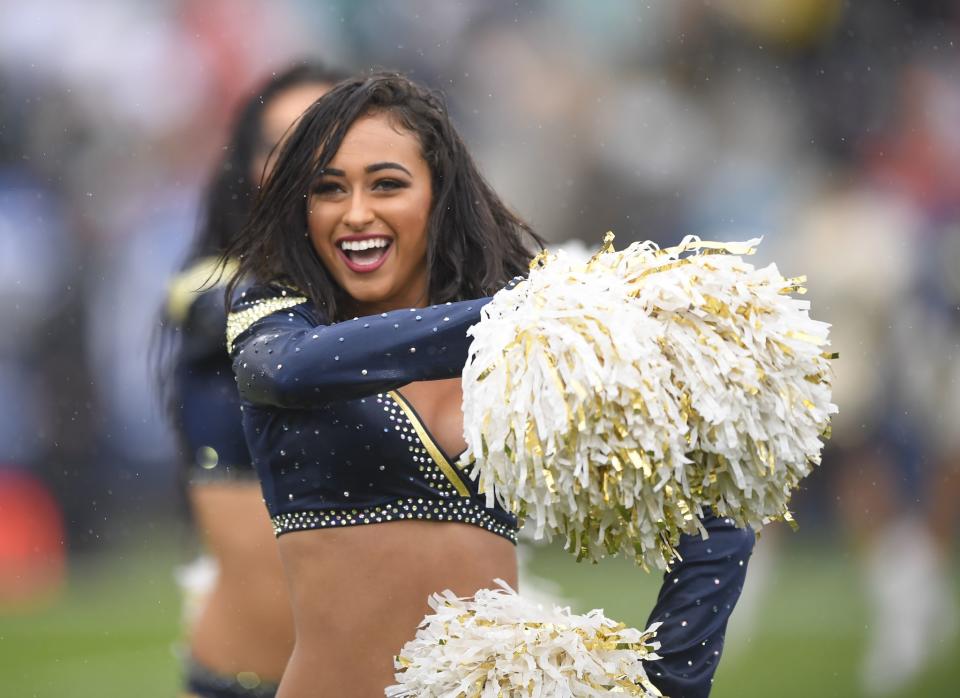 <p>Los Angeles Rams cheerleaders perform during the the first half of an NFL football game against the Miami Dolphins Sunday, Nov. 20, 2016, in Los Angeles. (AP Photo/Mark J. Terrill) </p>