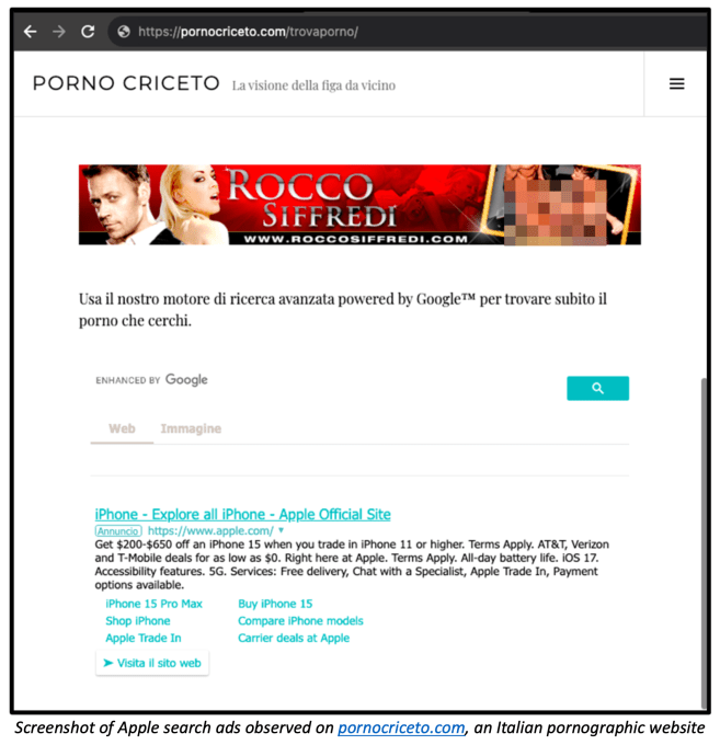 Adalytics report showing an Apple ad appearing under a Google search widget on on a pornographic website