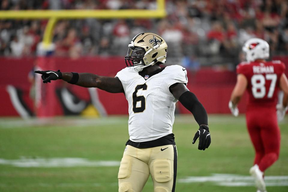 GLENDALE, ARIZONA - AUGUST 10: Willie Gay Jr #6 of the New Orleans Saints reacts after making a play against the Arizona Cardinals during the second quarter of the NFL preseason game at State Farm Stadium on August 10, 2024 in Glendale, Arizona. (Photo by Norm Hall/Getty Images)