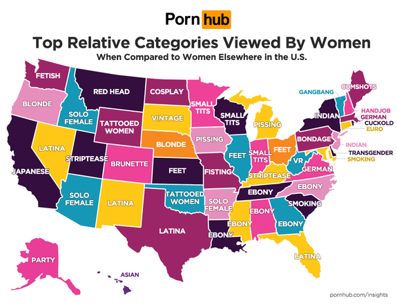 Pornhub's map of women's top category by state, relative to other states
