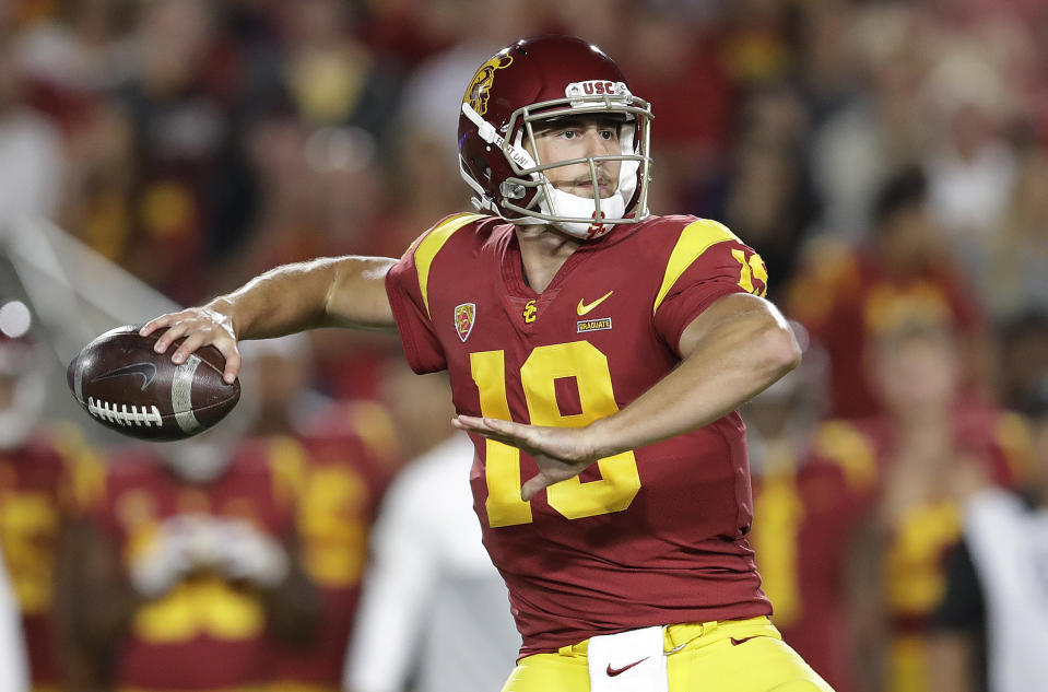 Southern California quarterback Matt Fink throws a pass against Utah during the first half of an NCAA college football game Friday, Sept. 20, 2019, in Los Angeles. (AP Photo/Marcio Jose Sanchez)