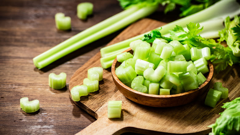 Sliced celery in bowl