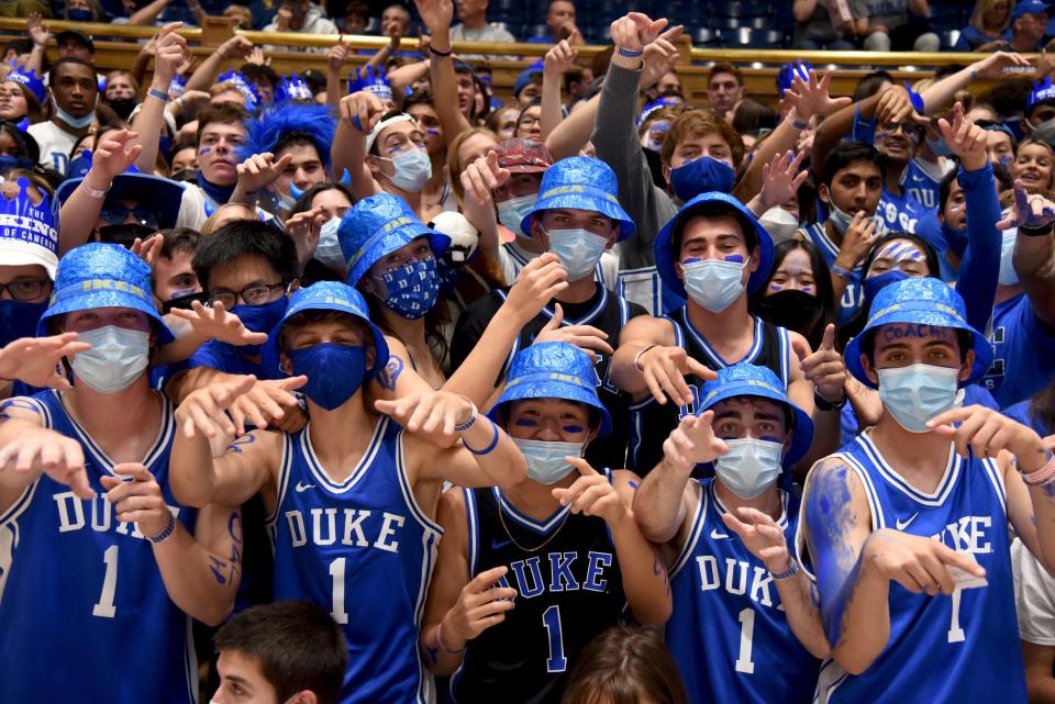 Nov 12, 2021; Durham, North Carolina, USA; Duke Blue Devils fans cheer during the first half at Cameron Indoor Stadium. Mandatory Credit: Rob Kinnan-USA TODAY Sports