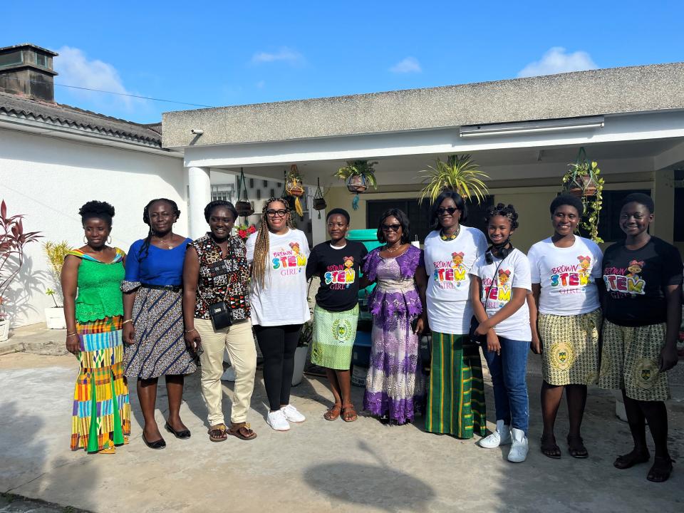 Alena McQuarter (third from the right) in Ghana. The 14-year-old graduated from high school two years ago at age 12. She has also started her own foundation, Brown STEM Girl, which encourages girls of color as they pursue endeavors in STEM.