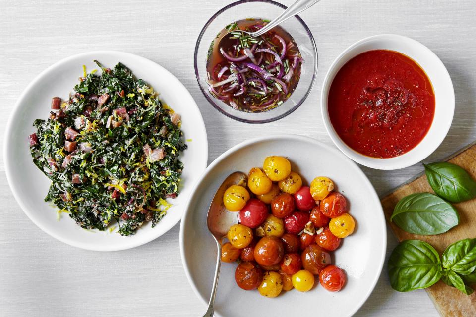 We all know the fun is in the toppings. Clockwise from top center: Rosemary Agrodolce, Tomato Passata, Burst Cherry Tomatoes, and Lemony Swiss Chard.
