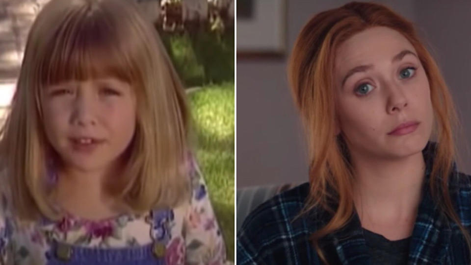 Elizabeth Olsen as a child in Mary Kate and Ashley video special, and as Wanda Maximoff in WandaVision.