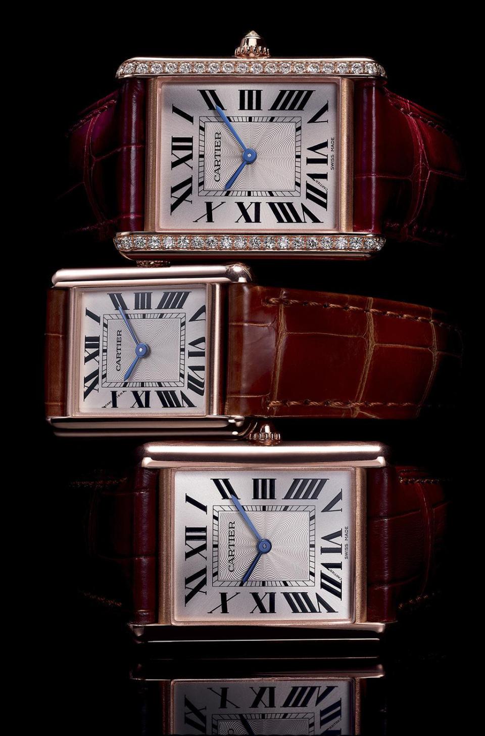 全新TANK Louis Cartier腕錶，原型於1922年問世。今年推出全新錶款搭載8971 MC型手動上鍊機械機芯；女士錶款以玫瑰金或白K金製作，錶耳鑲嵌璀璨鑽石。