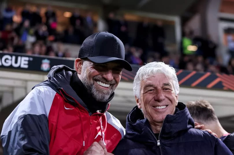 Jürgen Klopp (Head Coach for Liverpool F.C.) and Gianpiero Gasperini (head coach Atalanta BC) during the Europa League football match between Atalanta and Liverpool at Gewiss Stadium on April 18, 2024 in Bergamo, Italy.