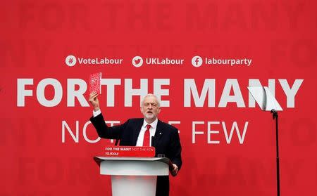 FILE PHOTO: Jeremy Corbyn, the leader of Britain's opposition Labour Party, launches the party's election manifesto at Bradford University, May 16, 2017. REUTERS/Darren Staples/File Photo