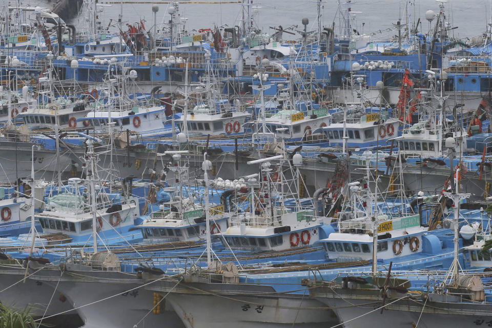 Fishing boats are anchored in port as Typhoon Lingling approaches to Korean peninsular on Jeju Island, South Korea, Friday, Sept. 6, 2019. (Byun Ji-chul/Yonhap via AP)
