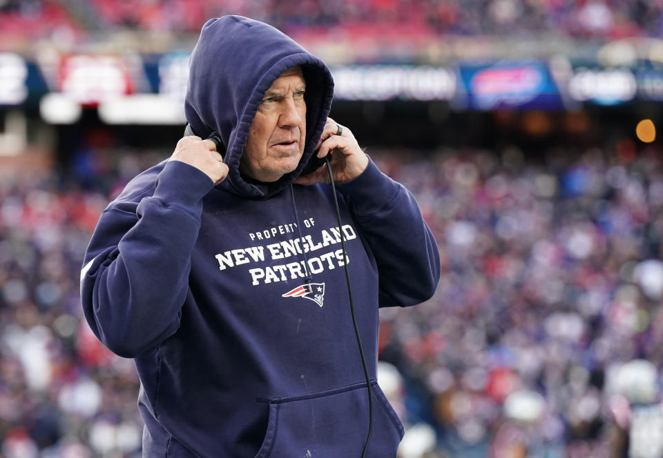 Dec 26, 2021; Foxborough, Massachusetts, USA; New England Patriots head coach Bill Belichick watches from the sideline as they take on the Buffalo Bills in the second half at Gillette Stadium. Mandatory Credit: David Butler II-USA TODAY Sports