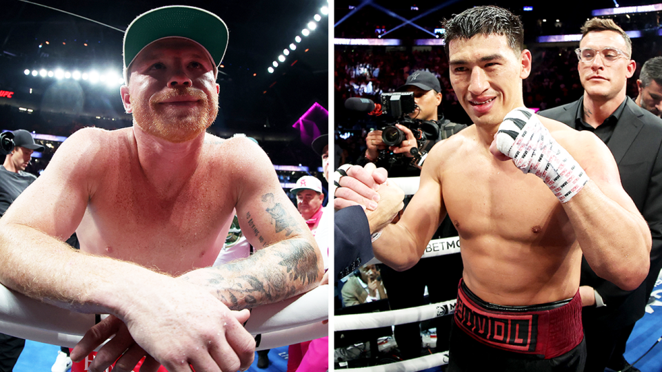 Boxer Canelo Alvaraz (pictured left) leaning on the ropes after his loss and Dimitry Bivol (pictured right) celebrating his win.