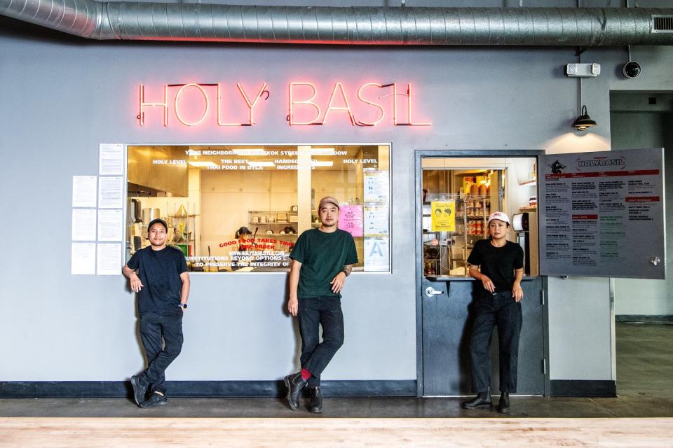 Methawee Greebmalai, Wedchayan Arpapornnopparat and Tongkamal Yuon at Holy Basil in downtown Los Angeles.