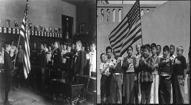 Dos imágenes del Juramento de Lealtad a la bandera. A la izquierda la inicial con la palma hacia abajo y a la derecha la actual con la mano sobre el pecho (imágenes vía Wikimedia commons)