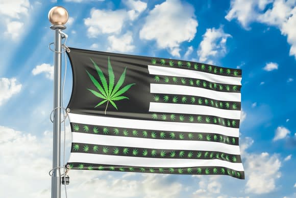 U.S. flag with green cannabis plants on black background where red stripes and white stars usually are.