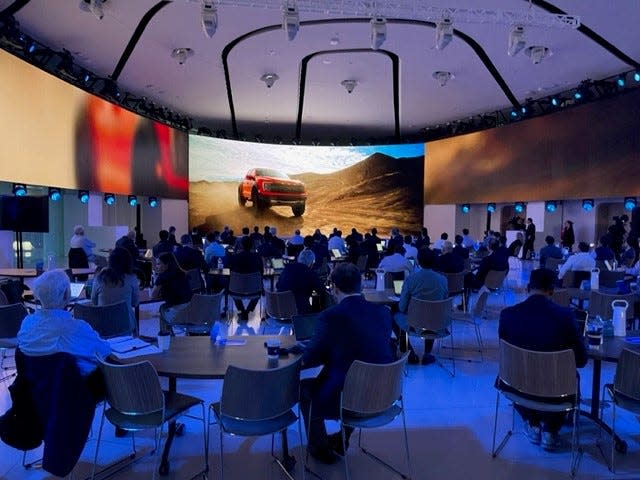 Industry analysts pack the room at the Ford Experience Center in Dearborn for Capital Markets Day on May 22, 2023.