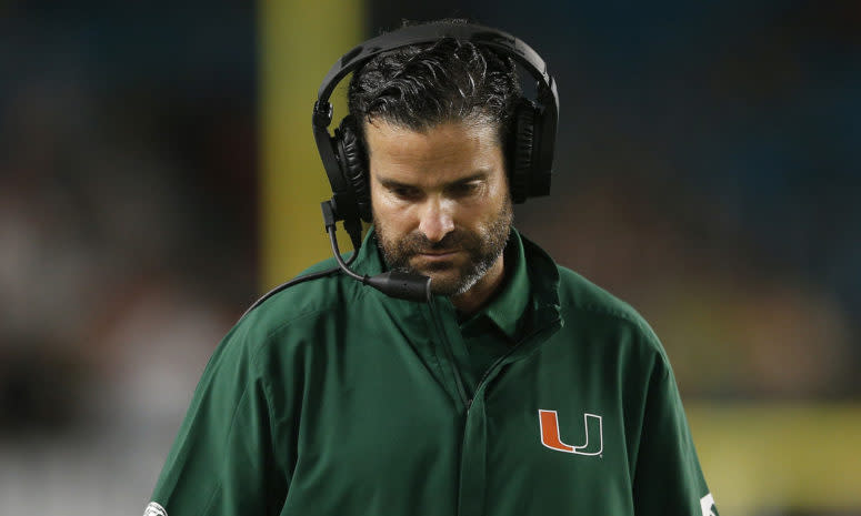 Miami head coach Manny Diaz on the sideline.