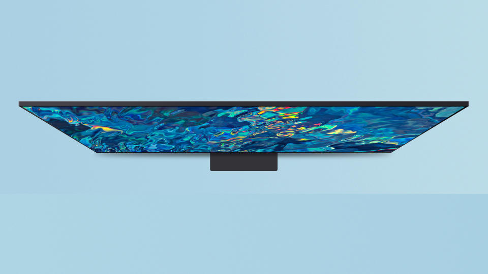 Samsung QN95B TV viewed from top on blue background