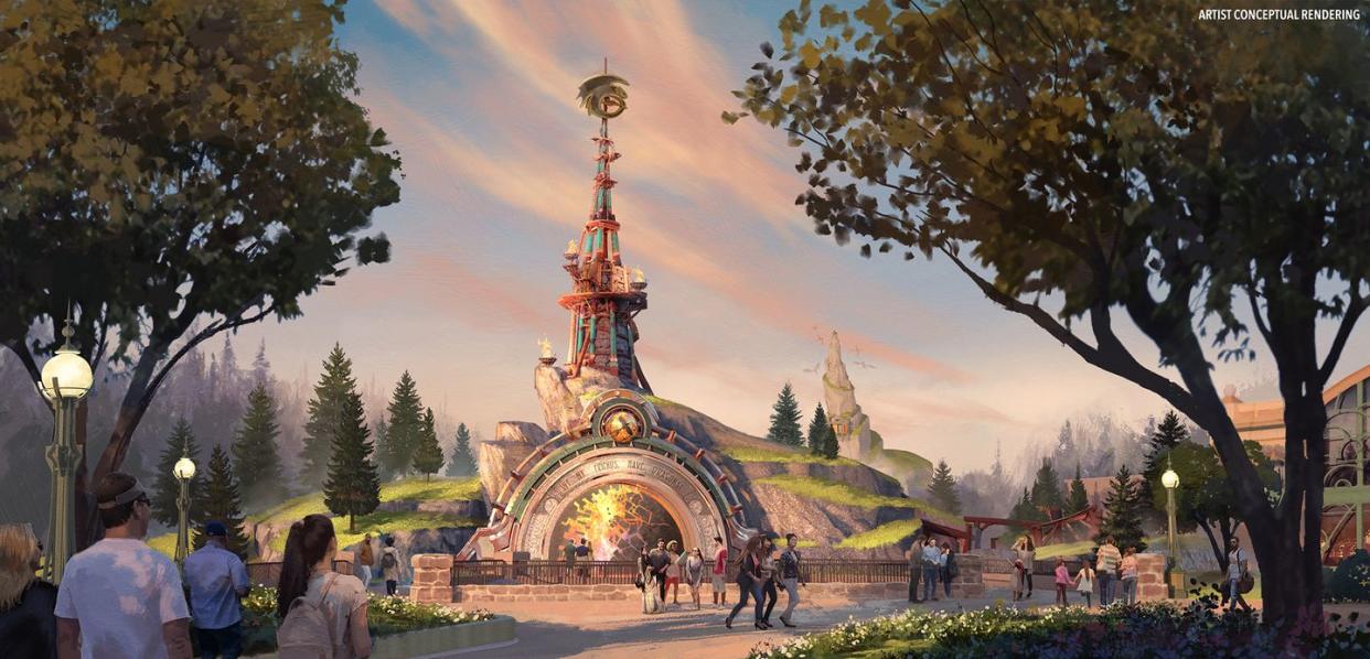 an artists's rendering of the portal to the island of berk, a land in the upcoming epic universe at universal studios orlando