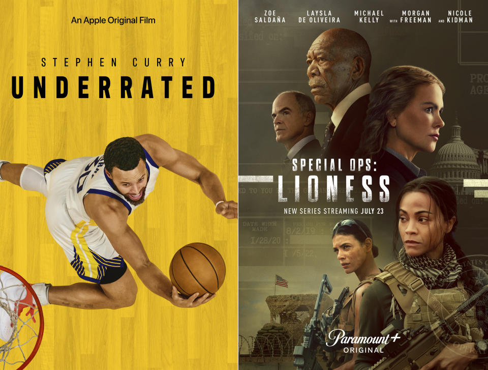 This combination of images shows promotional art for the Apple TV+ documentary "Stephen Curry: Underrated," left, and the Paramount+ series "Special Ops: Lioness." (Apple TV+/Paramount+ via AP)