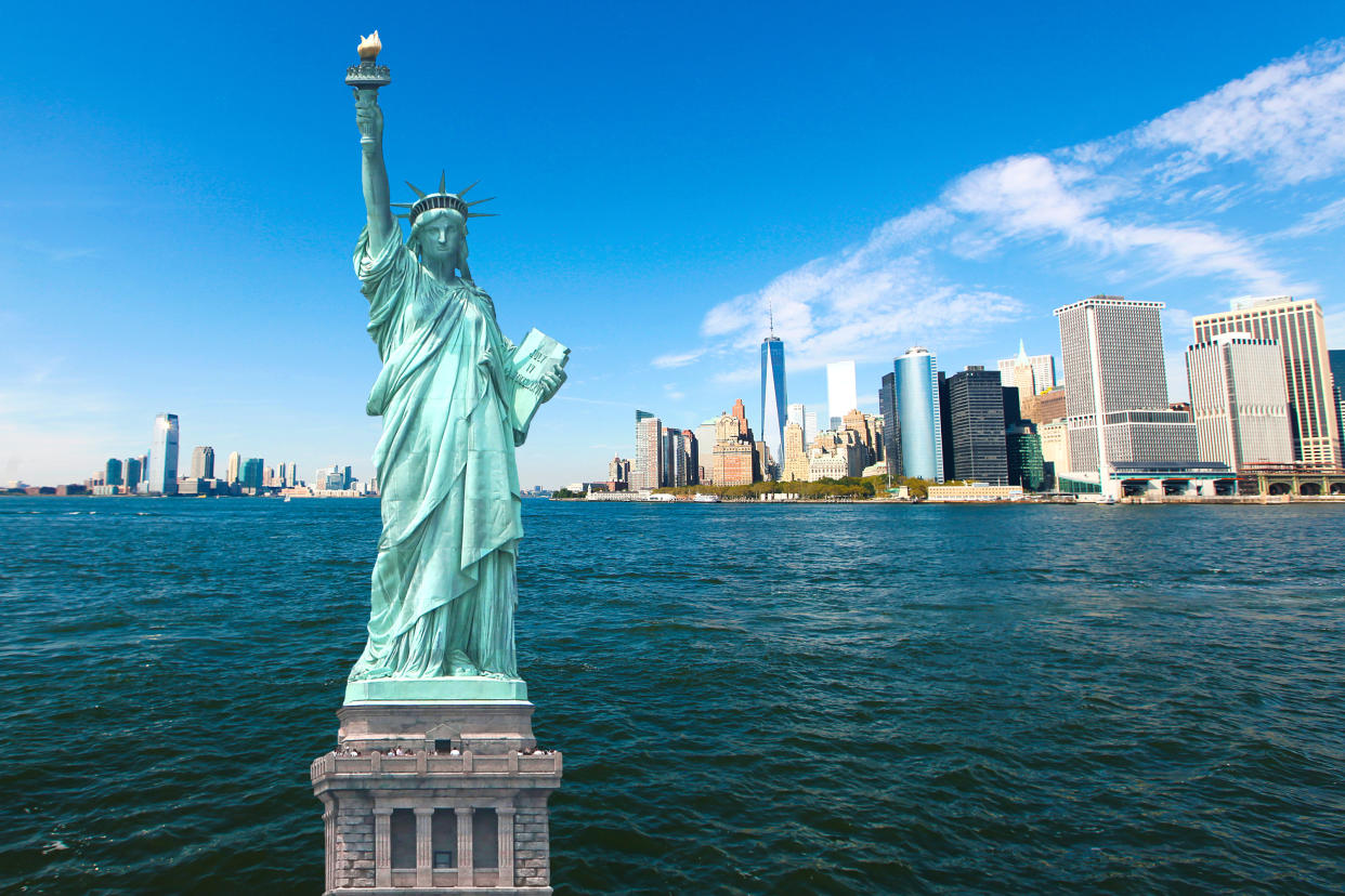 Amazing view of New York City Skyline, Staten Island and Statue of Liberty