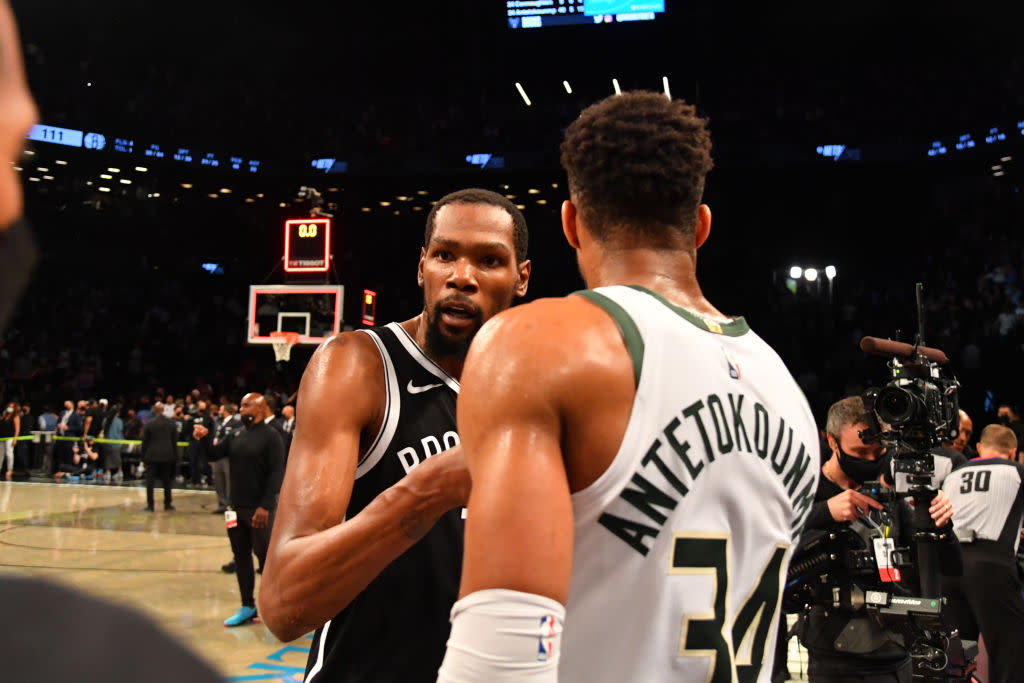 Kevin Durant posted one of the best multi-game playoff performances in NBA history, but it's Giannis with the clear path to an NBA title now. (Getty)