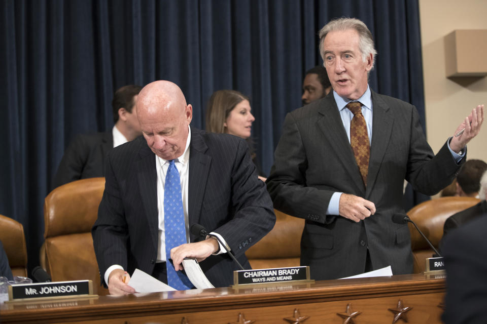 House Ways and Means Committee Chairman Kevin Brady, R-Texas, left, calls for a short recess to consider his manager’s amendment, to the objections of Rep. Richard Neal, D-Mass., right, the ranking member, as the GOP tax bill debate enters a final day, on Capitol Hill in Washington, Thursday, Nov. 9, 2017. (AP Photo/J. Scott Applewhite)