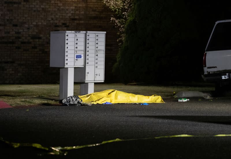 Investigators examine the scene in Lacey, Washington where law enforcement officers reportedly shot and killed Michael Forest Reinoehl