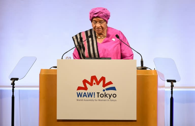 Liberia's President Ellen Johnson Sirleaf makes a keynote speech during the World Assembly for Women conference in Tokyo on August 28, 2015