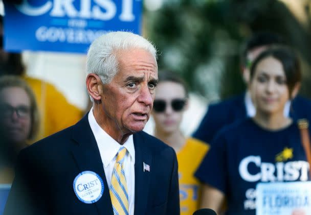 PHOTO: Rep. Charlie Crist addresses supporters and members of the media as he arrives to vote in person on Election Day at Gathering Church, Aug. 23, 2022, in St. Petersburg, Fla. (Tampa Bay Times via AP)