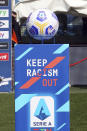 The logo "Keep racism out", part of the new anti-racism campaign launched last Sunday by the Italian soccer league, is displayed on the field prior to the Serie A match between Sampdoria and Torino at the Luigi Ferraris stadium in Genoa, Italy, Sunday, March 21, 2021. Serie A’s efforts to combat racism inside its stadiums was in shambles little more than a year ago when league CEO Luigi De Siervo decided to take matters into his own hands. (Tano Pecoraro/LaPresse via AP)