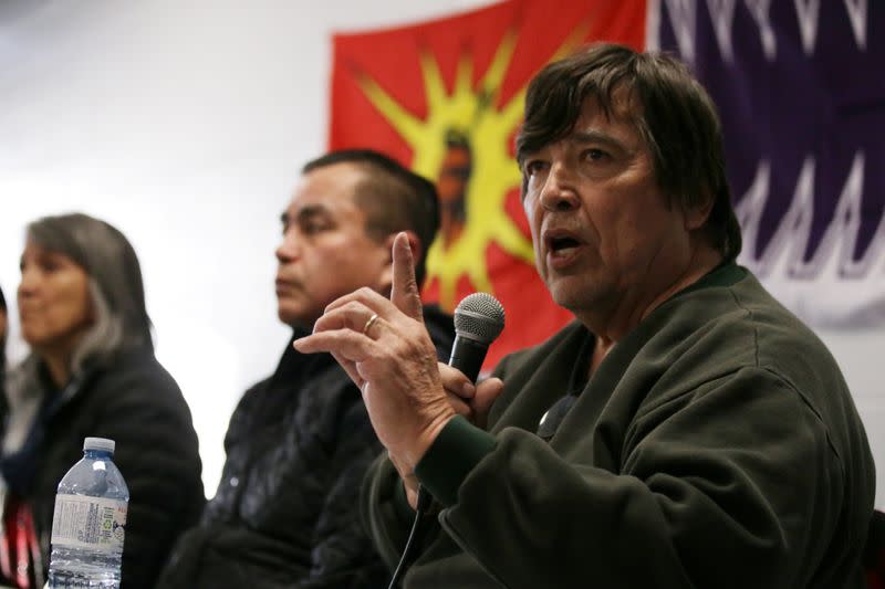 Wet'suwet'en Nation hereditary chief Kloum Khun (Alphonse Gagnon) speaks at a news conference in Tyendinaga