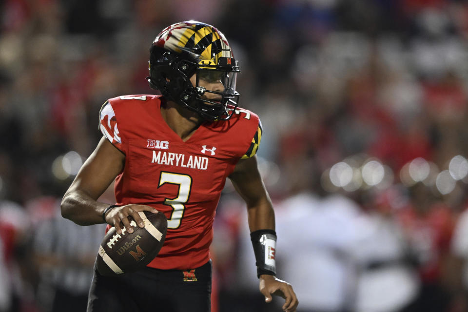 Maryland quarterback Taulia Tagovailoa looks to pass against Southern Methodist in the first half of an NCAA college football game, Saturday, Sept. 17, 2022, in College Park, Md. (AP Photo/Gail Burton)
