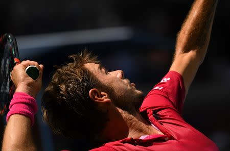 Aug 30, 2016; New York, NY, USA; Stan Wawrinka of Switzerland hits to Fernando Verdasco of Spain (not pictured) on day two of the 2016 U.S. Open tennis tournament at USTA Billie Jean King National Tennis Center. Robert Deutsch-USA TODAY Sports