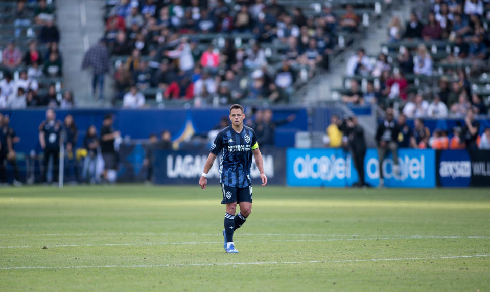 CARSON, CA - FEBRUARY 15: Javier "Chicharito" Hernandez #14 of the Los Angeles Galaxy during a game between Toronto FC and Los Angeles Galaxy at Dignity Health Sports Park on February 15, 2020 in Carson, California. (Photo by Michael Janosz/ISI Photos/Getty Images)