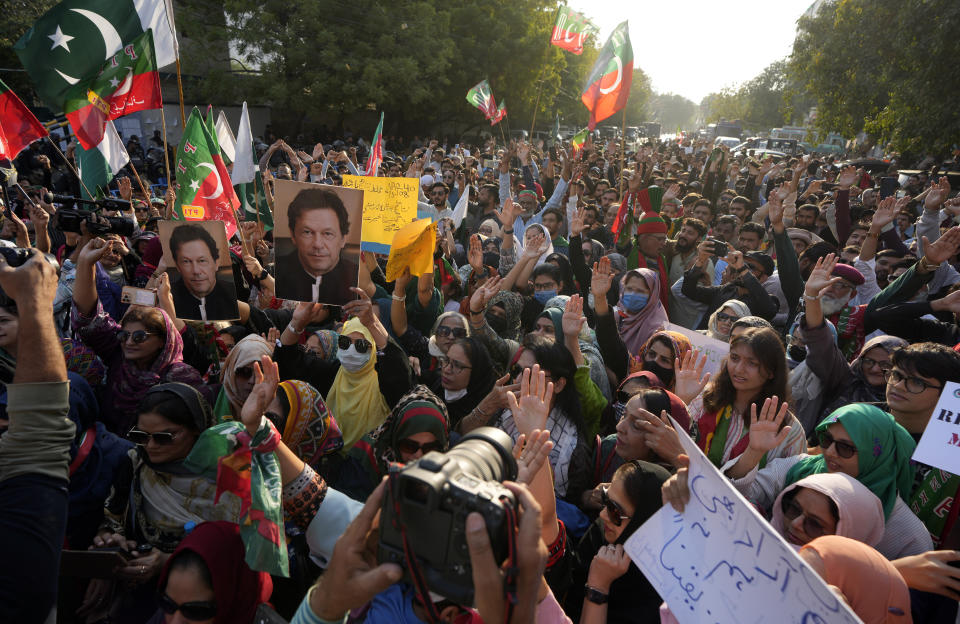 Supporters of imprisoned Pakistan's former Prime Minister Imran Khan's party chant slogans during a protest against the delaying result of parliamentary election by Pakistan Election Commission, in Karachi, Pakistan, Sunday, Feb. 11, 2024. (AP Photo/Fareed Khan)