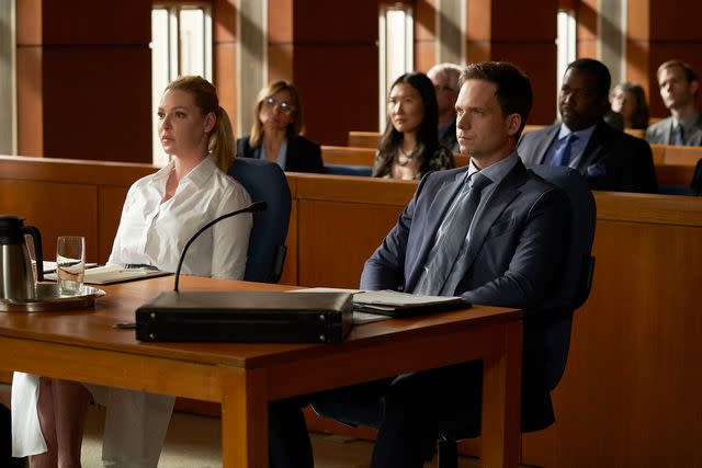 <p>Shane Mahood/USA Network/NBCU Photo Bank/NBCUniversal/Getty</p> Katherine Heigl as Samantha Wheeler and Patrick J. Adams as Mike Ross on 'Suits'.