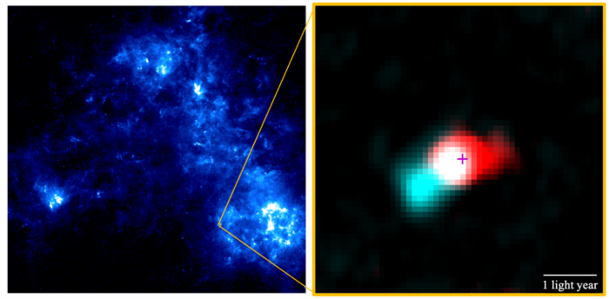 An infrared image of the Small Magellanic Cloud on the left and a radio telescope image of a young star in the cloud is seen on the right (ALMA (ESO/NAOJ/NRAO), Tokuda et al. ESA/Herschel)