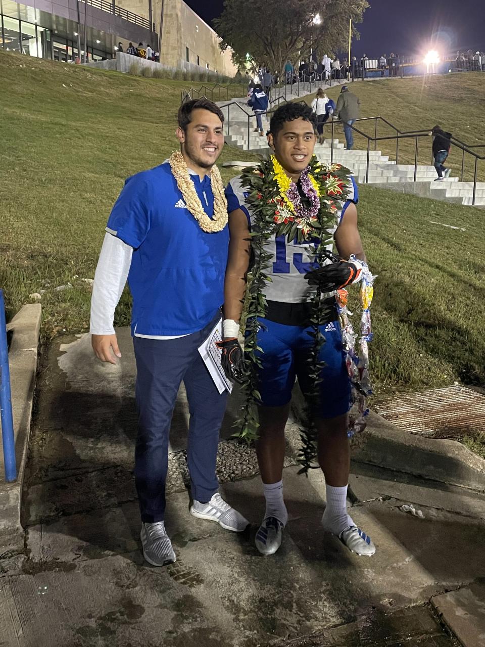 Kevin Arduino, left, has been the offensive coordinator at Nolan Catholic in Fort Worth, Texas, the past seven seasons.